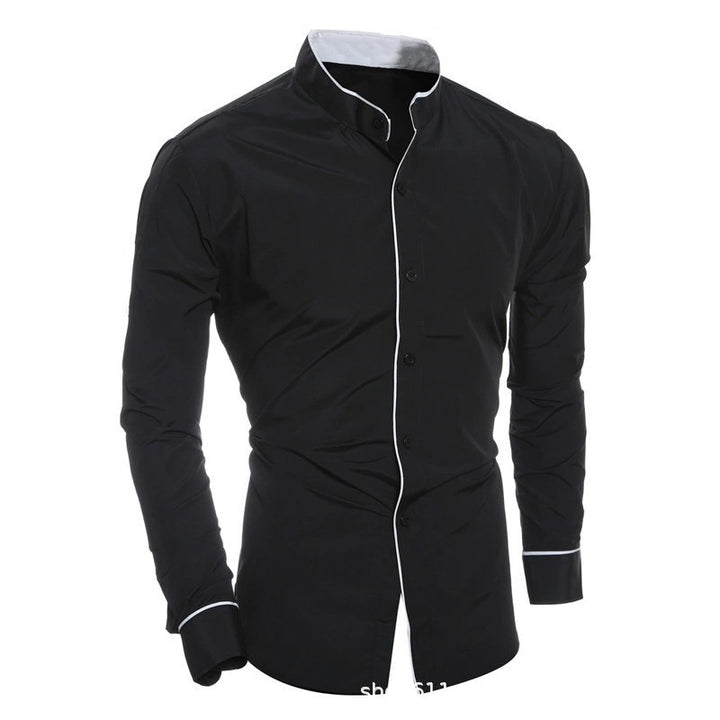 Men's Long-Sleeved Shirt with Modern Stand Collar and Contrasting Accents Lisslune