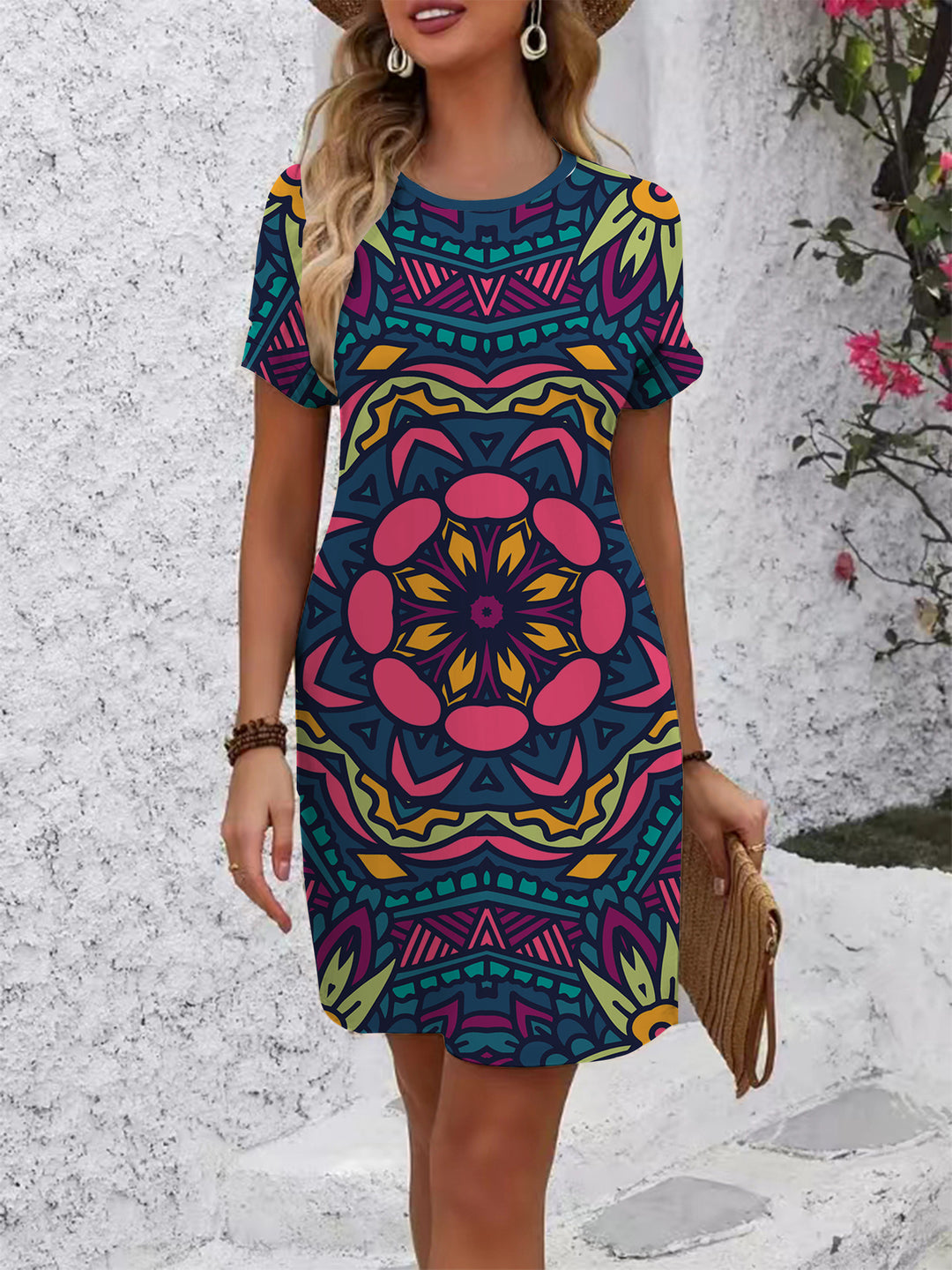 Women's casual floral dress with round neck and loose fit Lisslune