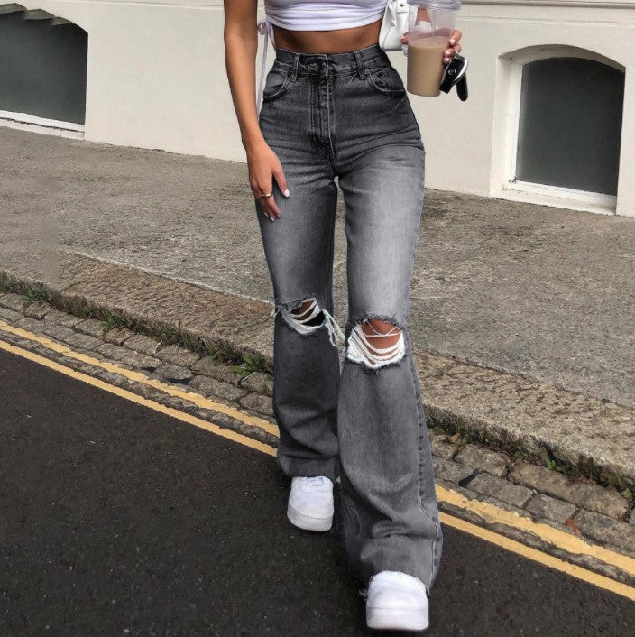 Damen Vintage Schlagjeans mit modischen Rissdetails und hohem Bund Lisslune