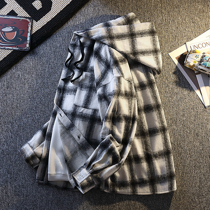 Men's Checked Flannel Jacket with Hood and Button Closure Lisslune