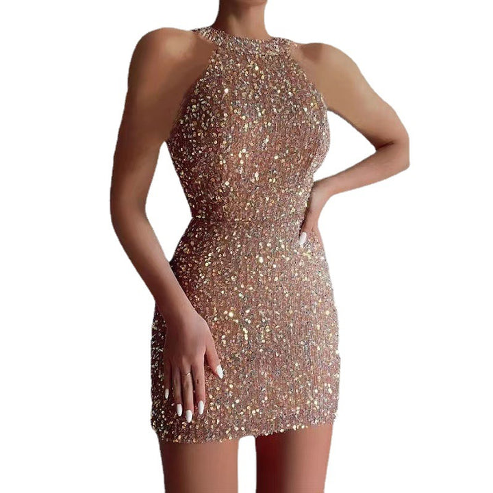 Ladies Glittering Mini Dress with Half Neckline and Bodycon Fit