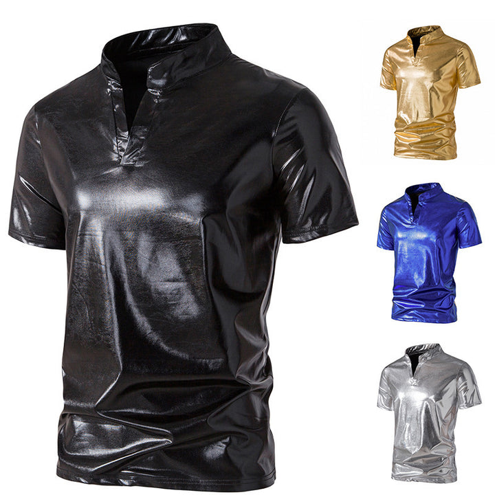 Men's shiny short-sleeve shirt in modern stand-up collar design Lisslune