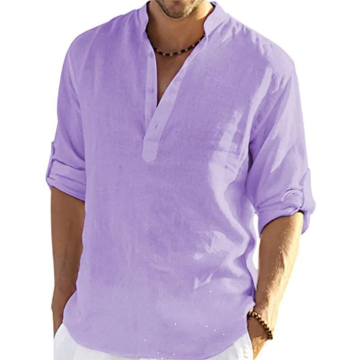 Men's linen shirt with modern stand-up collar and practical button details Lisslune
