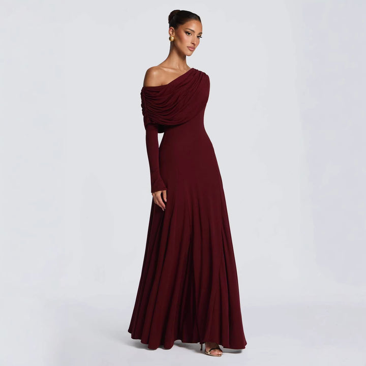 Women Elegant Long Sleeve Maxi Dress with Asymmetrical Draping Detail Lisslune