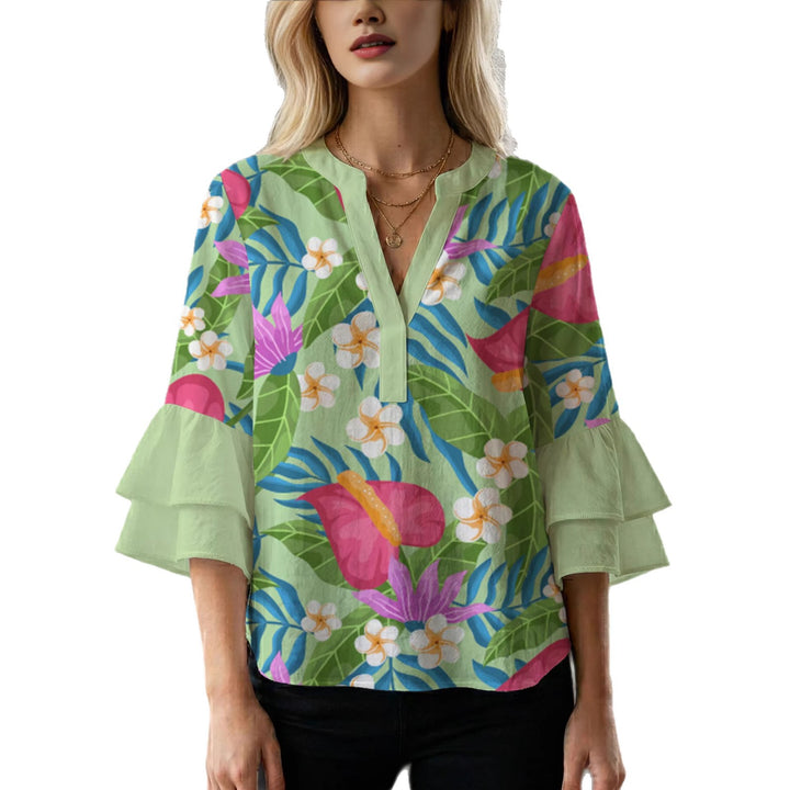 Ladies elegant top with voluminous ruffle hems and floral design Lisslune