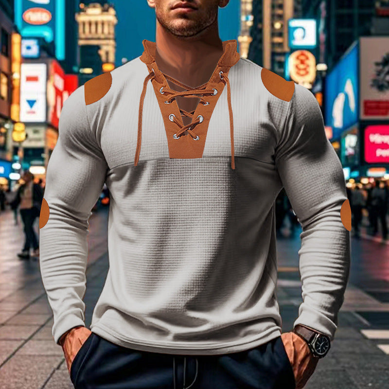 Men's long-sleeve Henley shirt with decorative lacing design Lisslune