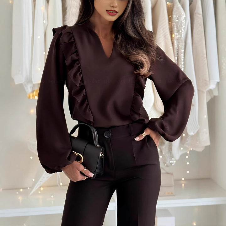 Damen elegant geschnittene Bluse mit Rüschendetails und V-Ausschnitt Lisslune