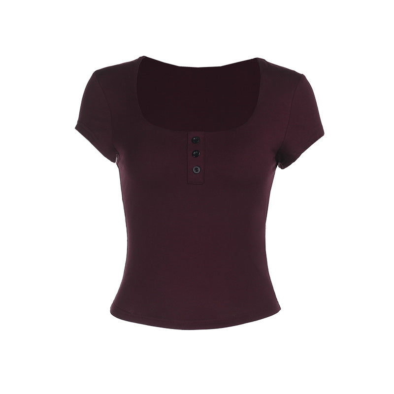 Women's fitted short sleeve shirt with a deep round neckline and fashionable button placket Lune London