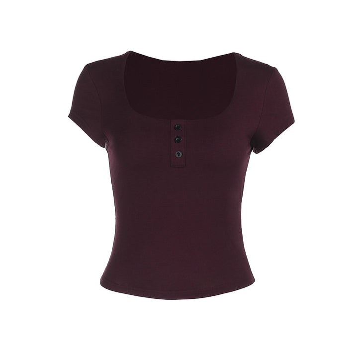 Women's fitted short sleeve shirt with a deep round neckline and fashionable button placket Lune London