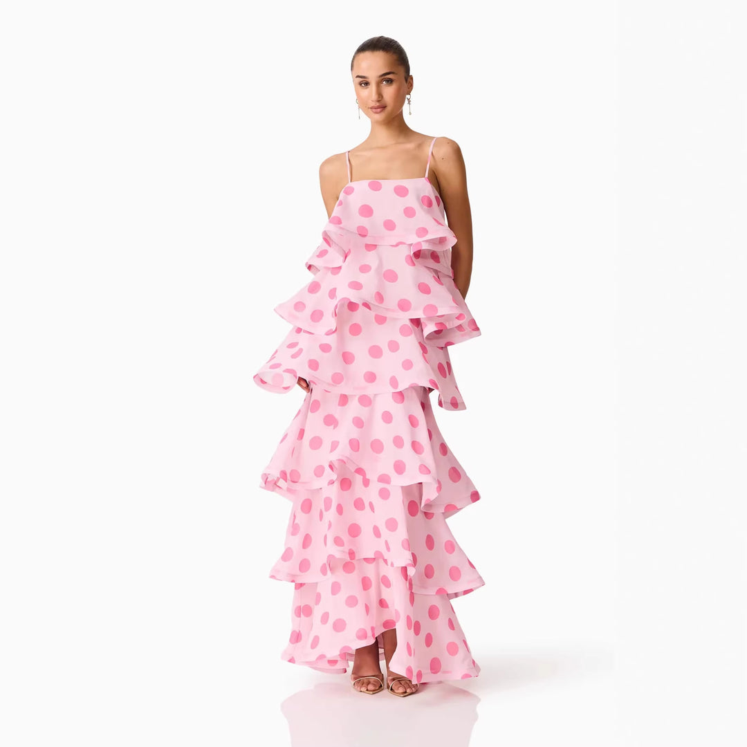 Ladies maxi dress with playful ruffles and dots Lune London