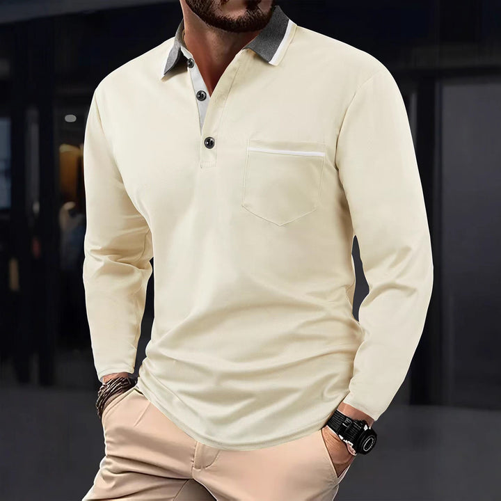 Men's Long Sleeve Polo Shirt with Textured Collar and Chest Pocket Lisslune