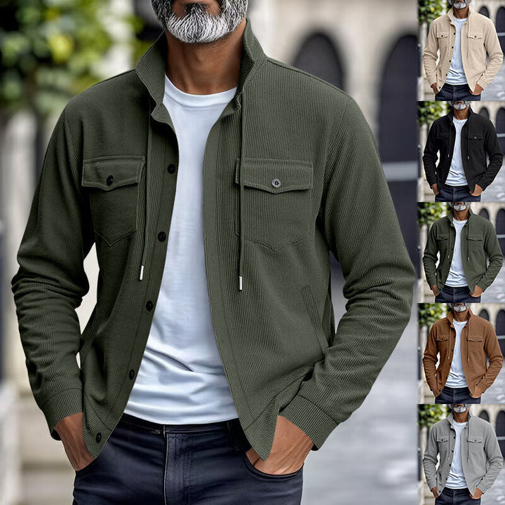 Men's cord jacket with practical chest pockets and fashionable stand-up collar Lisslune