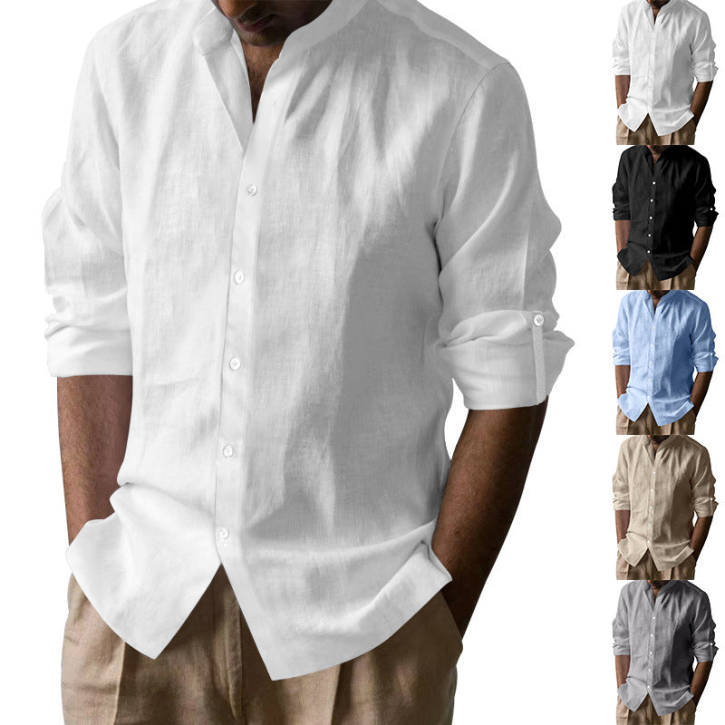 Men's long sleeve shirt with modern stand-up collar and breathable cotton texture Lisslune