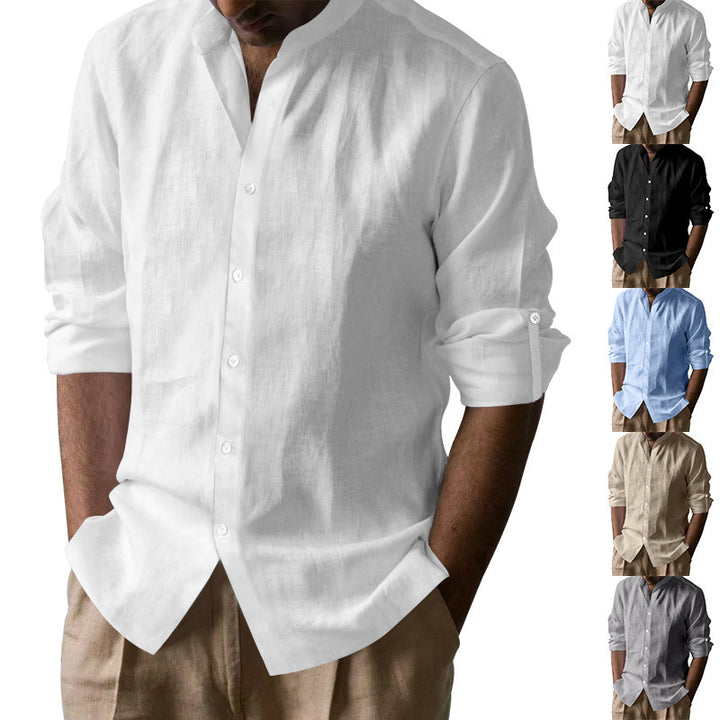 Men's long sleeve shirt with modern stand-up collar and breathable cotton texture Lisslune