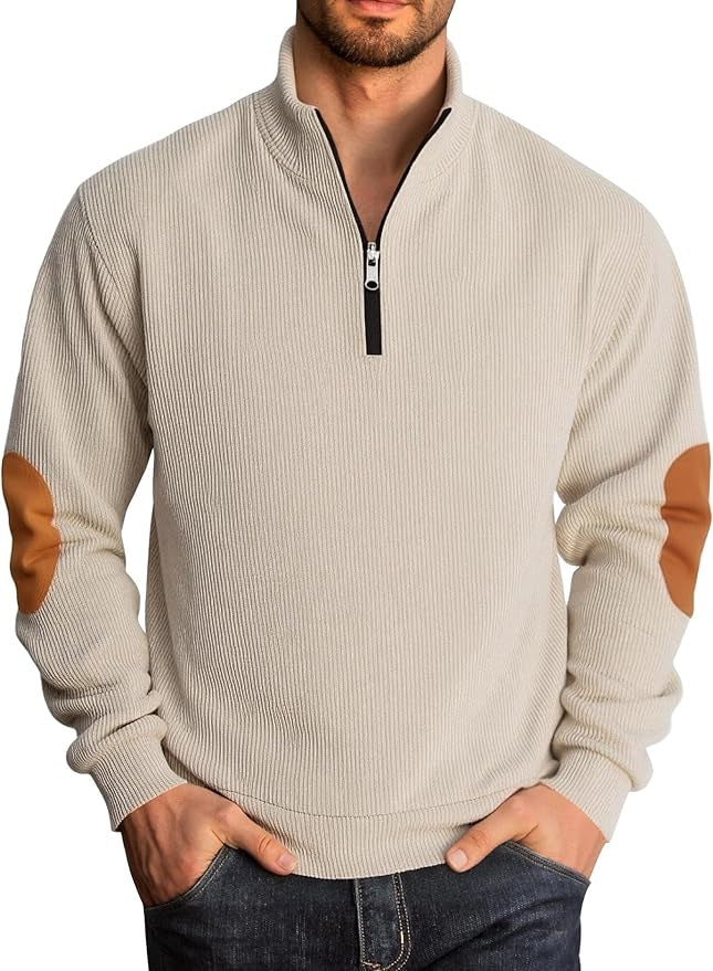 Men's knitted sweater with fashionable high collar and contrasting elbow patches Lisslune