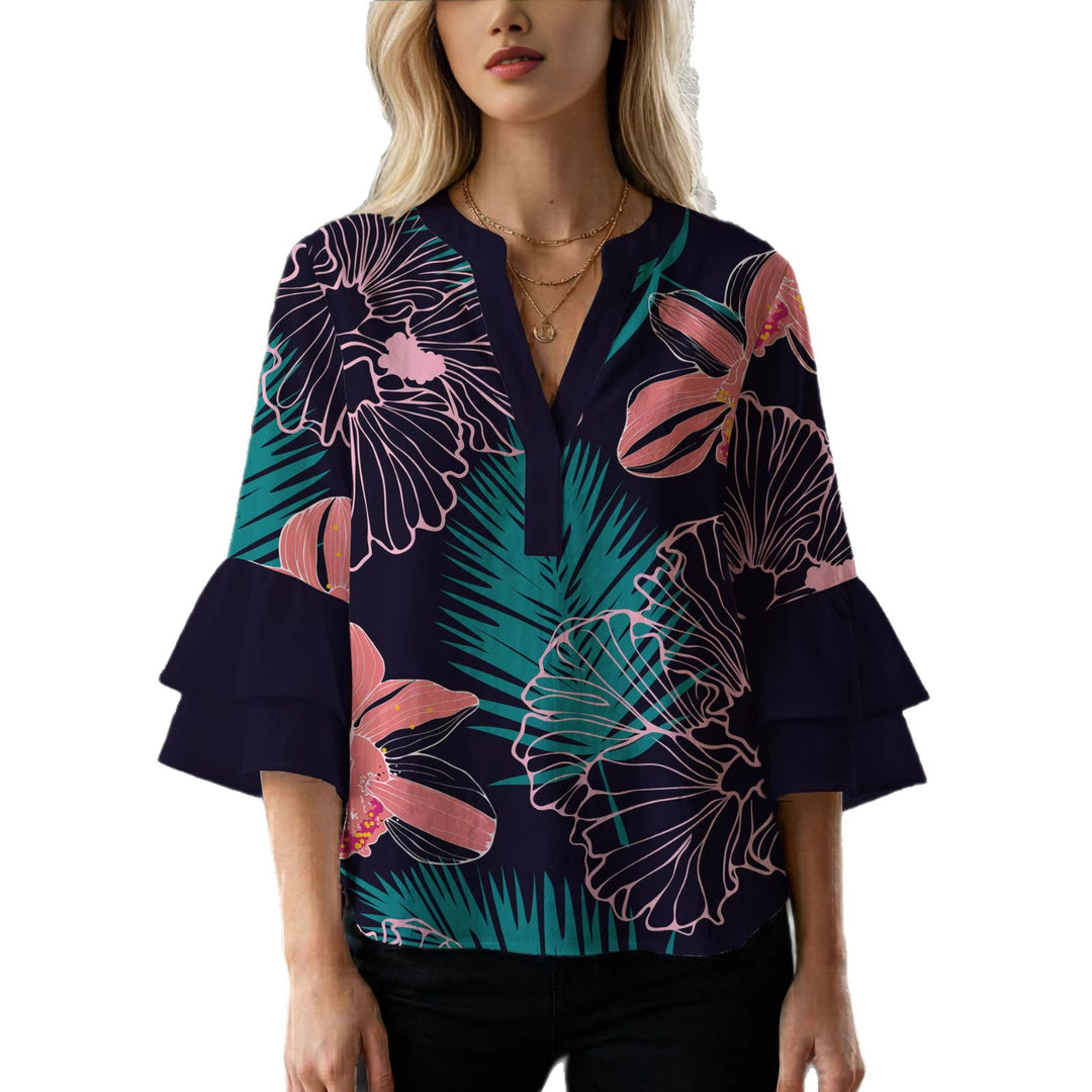 Ladies blouse with voluminous ruffled sleeves and floral print Lisslune