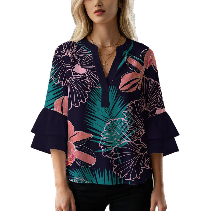 Ladies blouse with voluminous ruffled sleeves and floral print Lisslune
