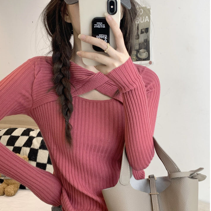 Women's long sleeve shirt with open shoulder area and rib knit pattern Lisslune
