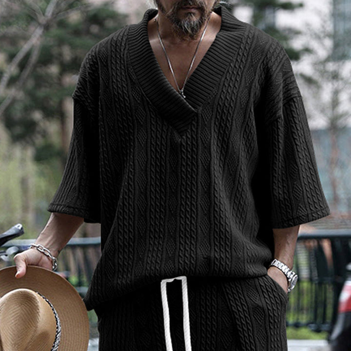 Men's casual knit sweater with V-neck and decorative cable pattern Lisslune