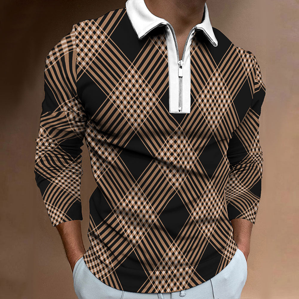 Men's long-sleeve polo shirt with fashionable check pattern and elegant zipper Lisslune