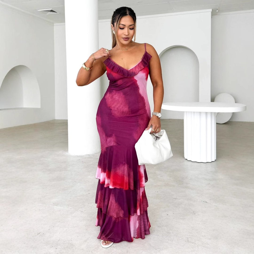 Women's body-hugging maxi dress with ruffle details and spaghetti straps Lisslune