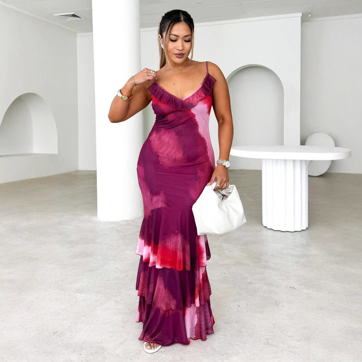 Women's body-hugging maxi dress with ruffle details and spaghetti straps Lisslune