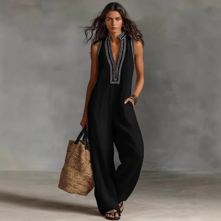 Women's airy jumpsuit with elegant V-neckline and embroidered collar Lisslune