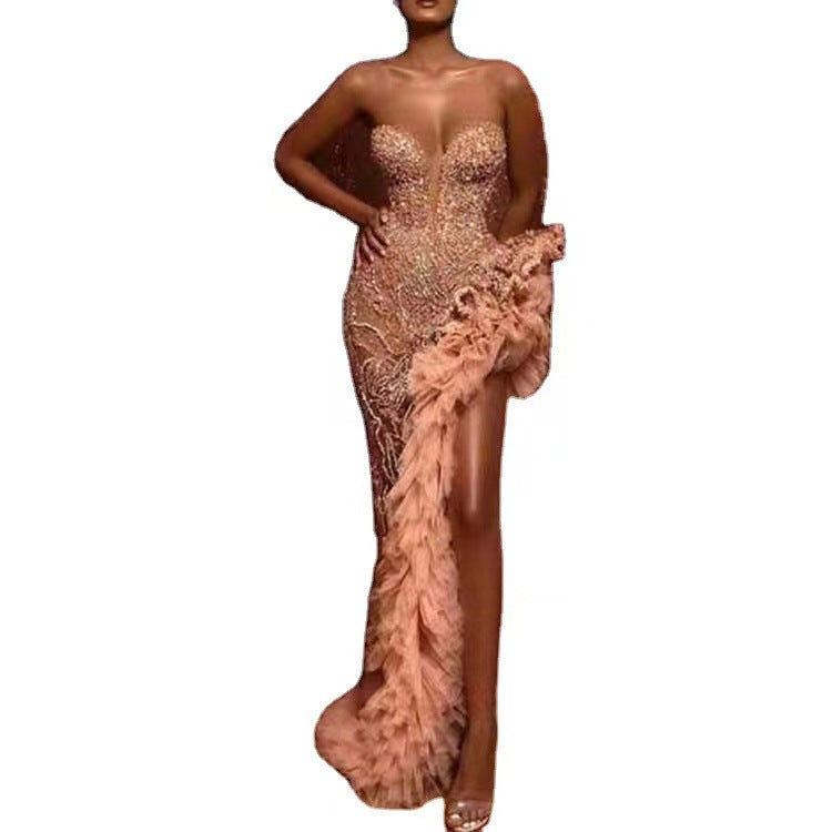 Women Figure-hugging Evening Dress with Shimmering Pearls and Ruffle Details
