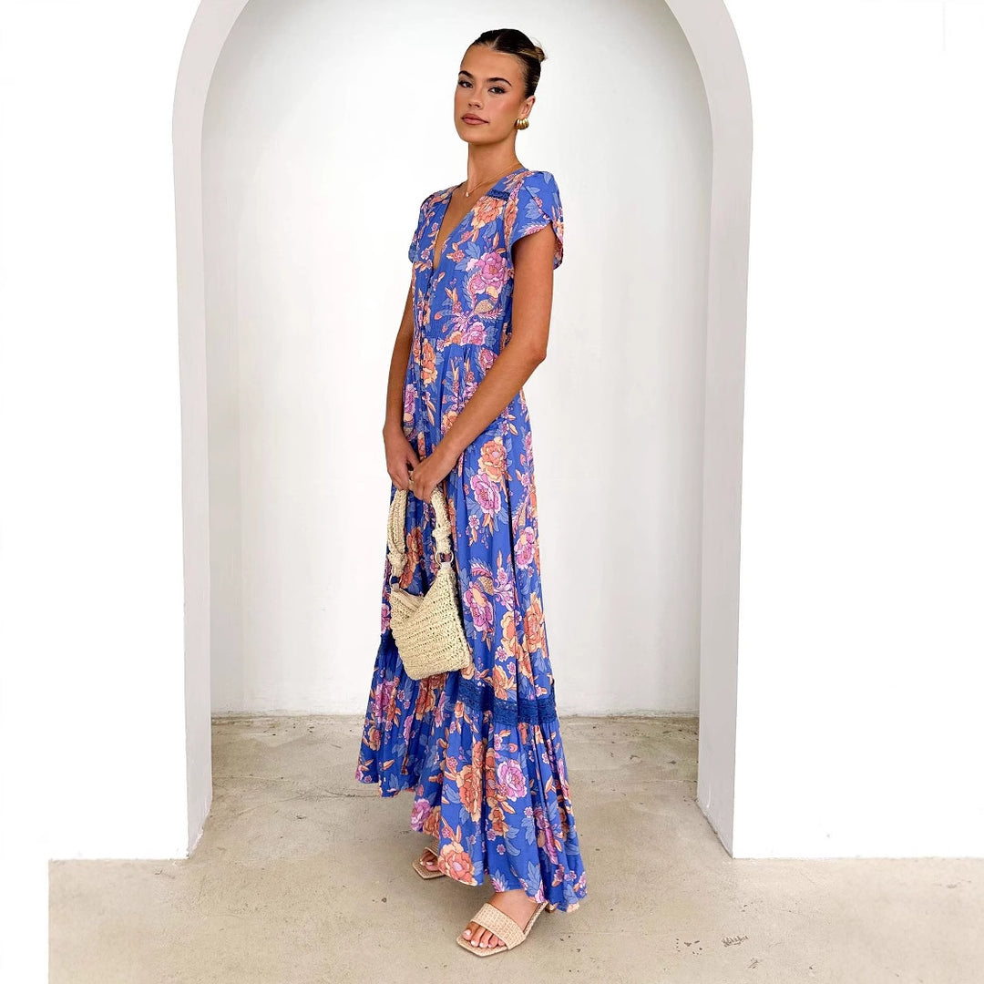 Women's maxi dress with elegant V-neckline and feminine ruffle details