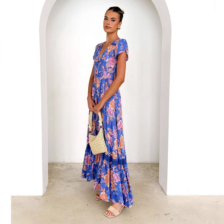 Women's maxi dress with elegant V-neckline and feminine ruffle details