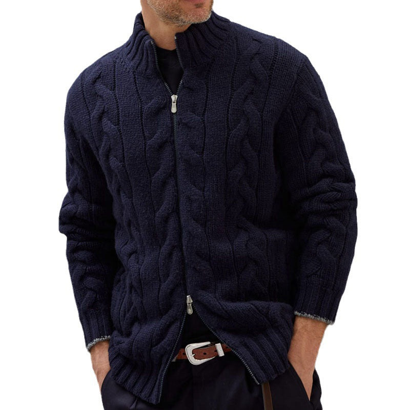 Men's cardigan with decorative cable design and high stand-up collar Lisslune