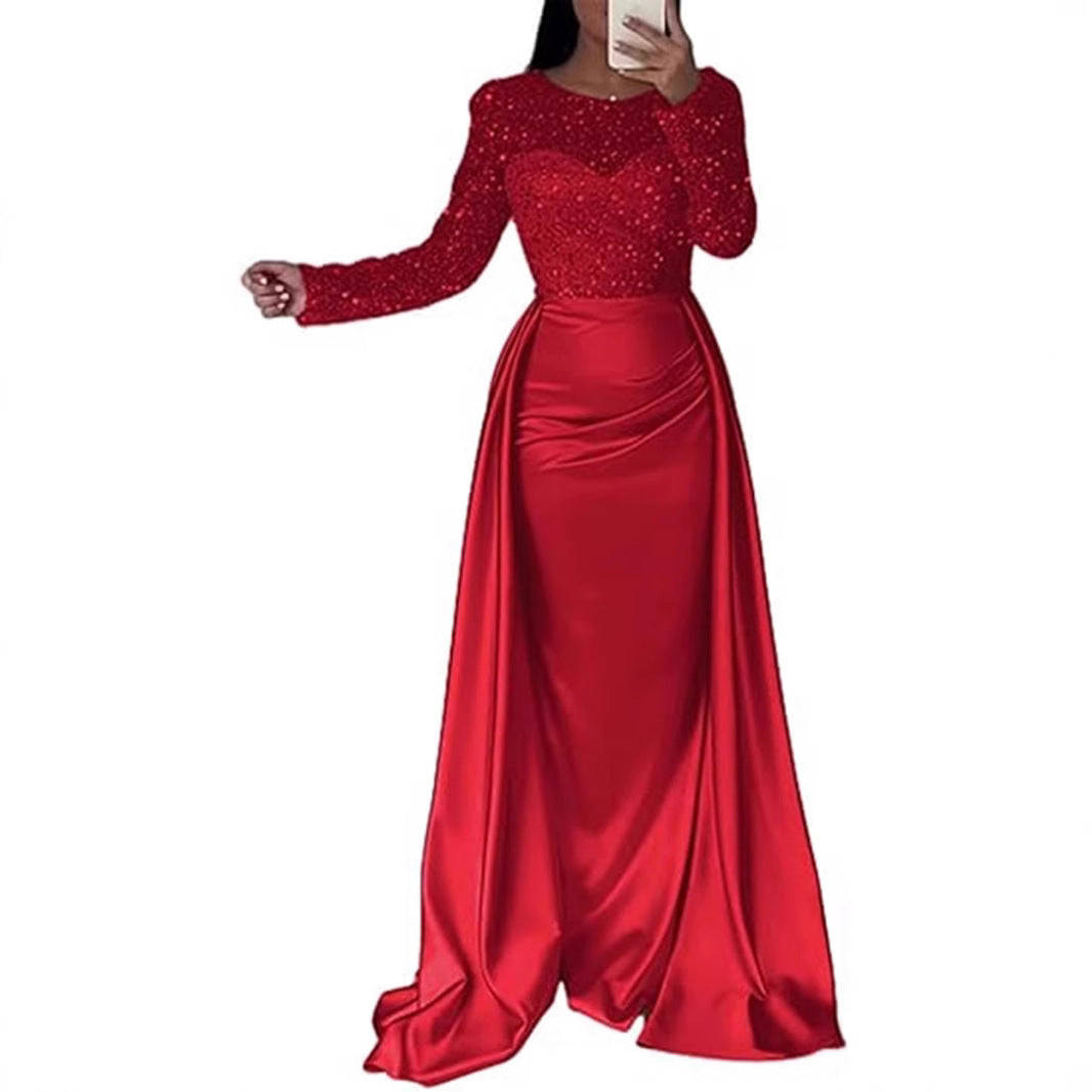 Women Elegant Evening Dress with Glitter Details and Flowing Fabric