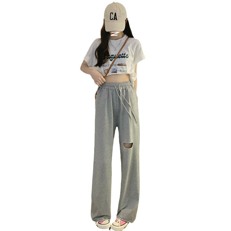 Women's casual wide-cut sweatpants with fashionable cut-out and elastic waistband
