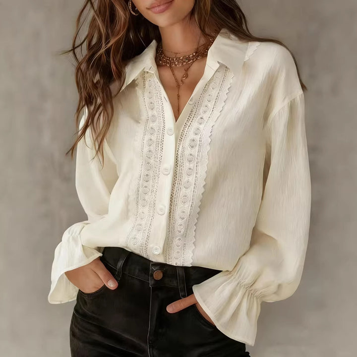 Damen elegante Bluse mit Spitzendetails und Ballonärmeln Lisslune