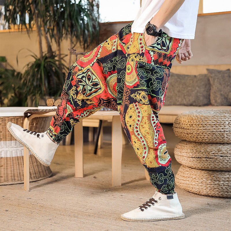 Men's casual harem pants with colorful art motif and elastic waistband Lisslune