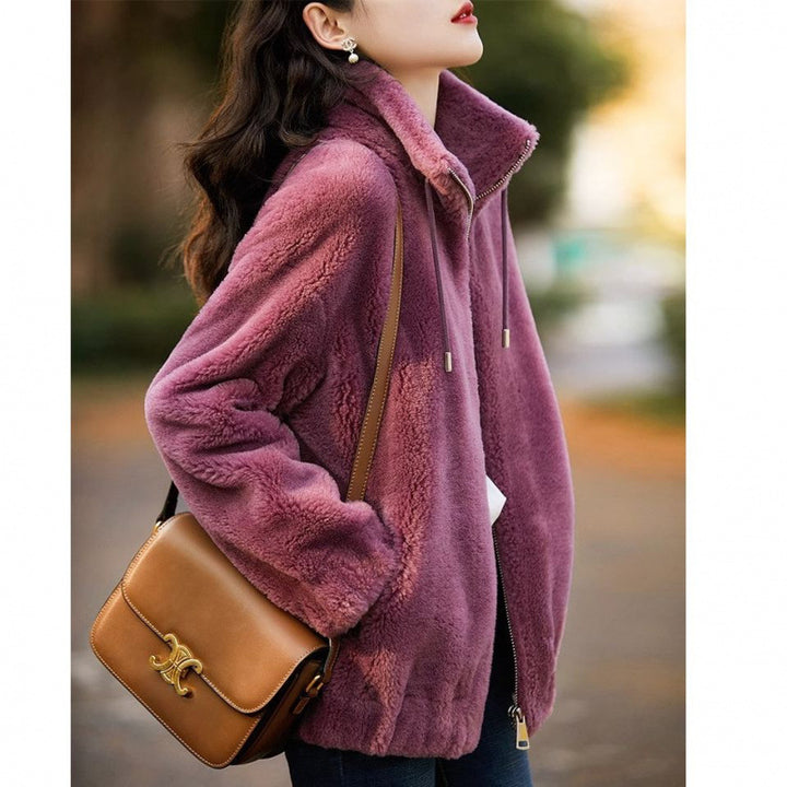 Women's plush jacket with high collar and side zipper Lisslune