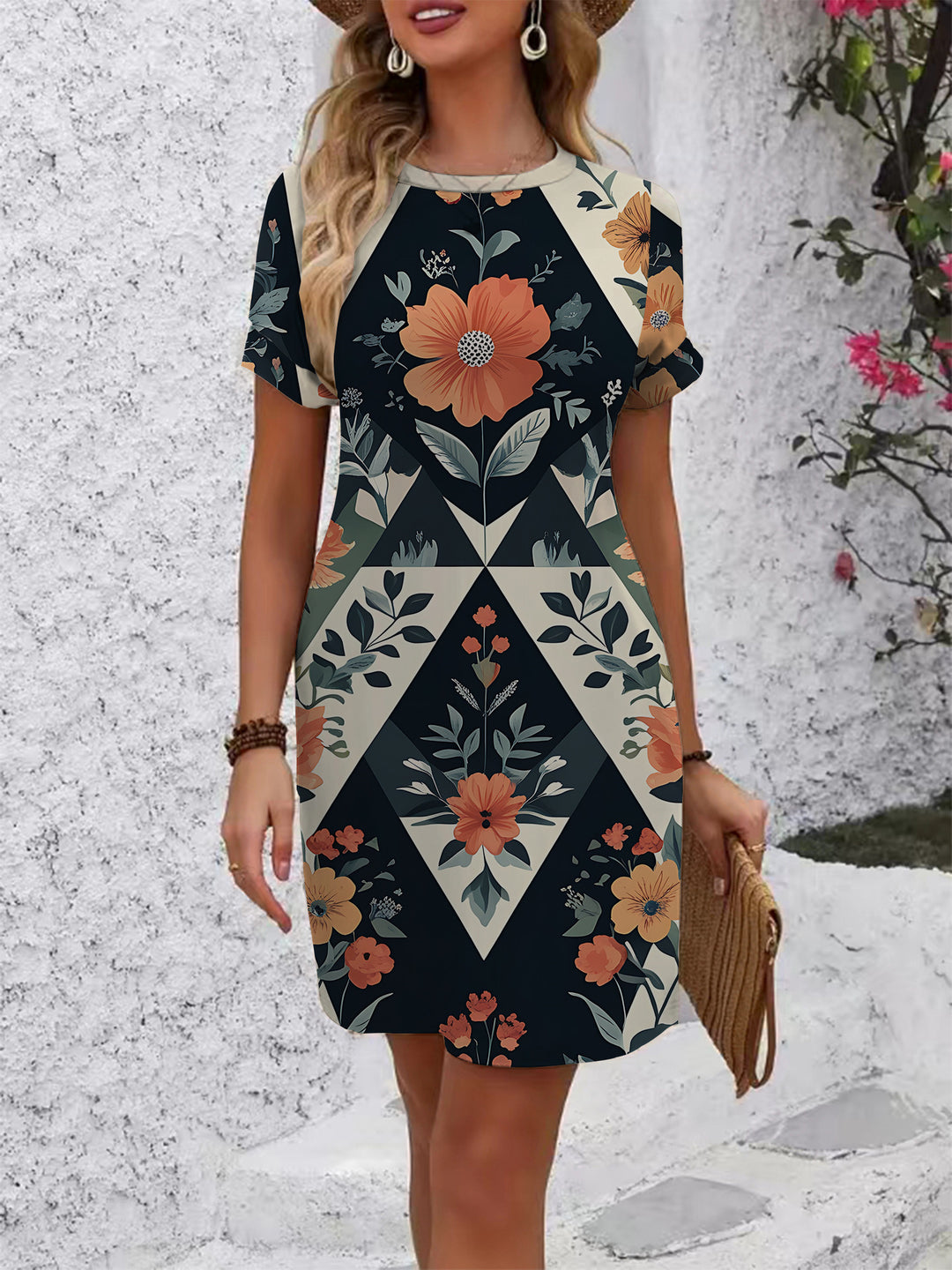 Women's casual short-sleeve dress with modern houndstooth pattern and comfortable fit Lisslune