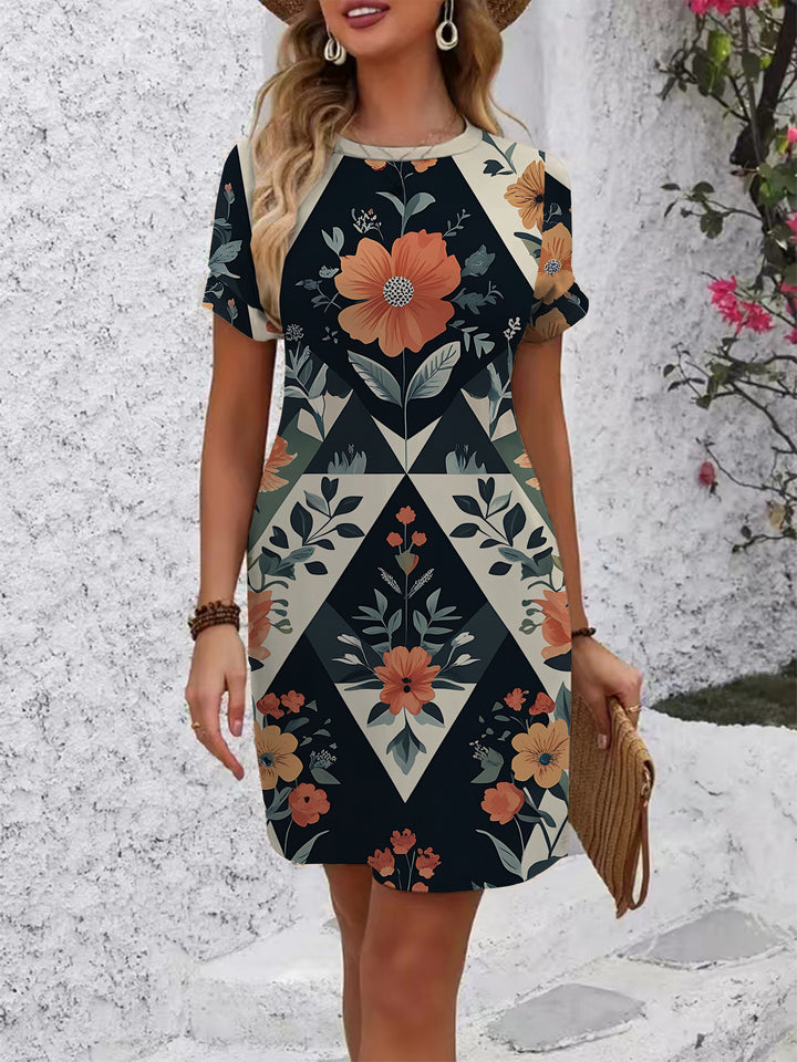 Women's casual short-sleeve dress with modern houndstooth pattern and comfortable fit Lisslune