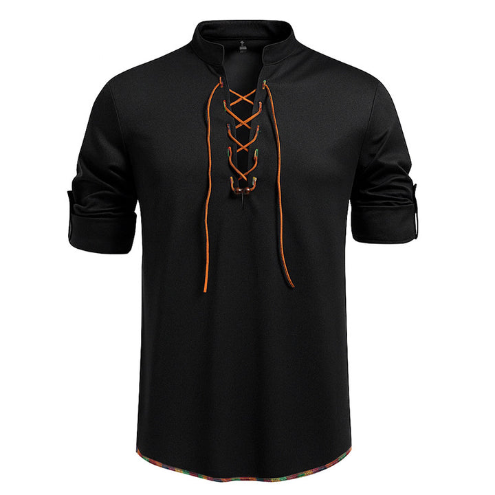 Men's Long Sleeve Shirt with Drawstring and Stand-Up Collar Lisslune