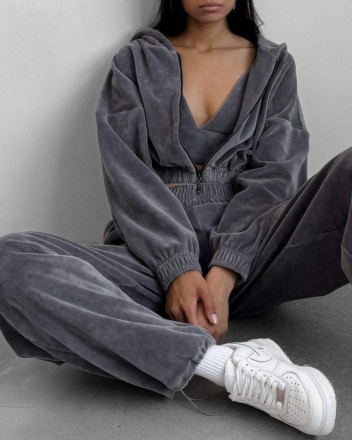 Women's Sporty Fleece Set with Zipper and Elastic Waistband Lisslune