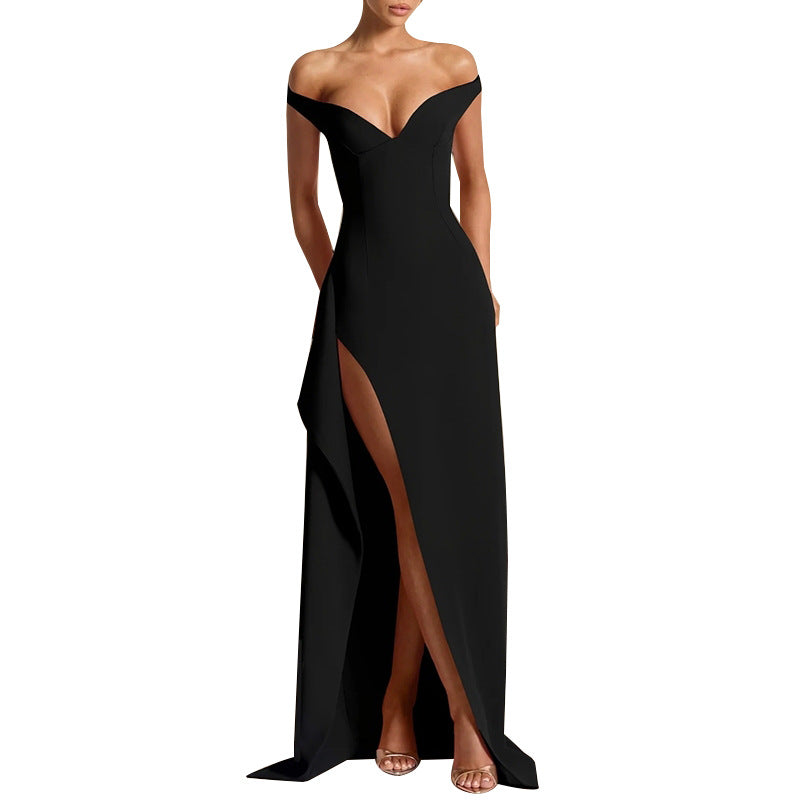 Women's elegant off-shoulder evening dress with high slits and V-neck