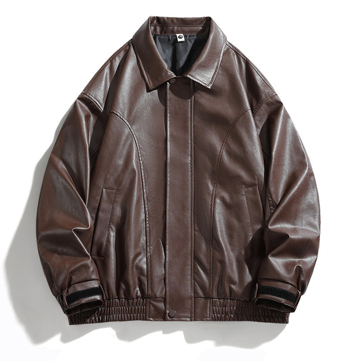 Men's Synthetic Leather Jacket with Elastic Waistband and Practical Side Pockets Lisslune