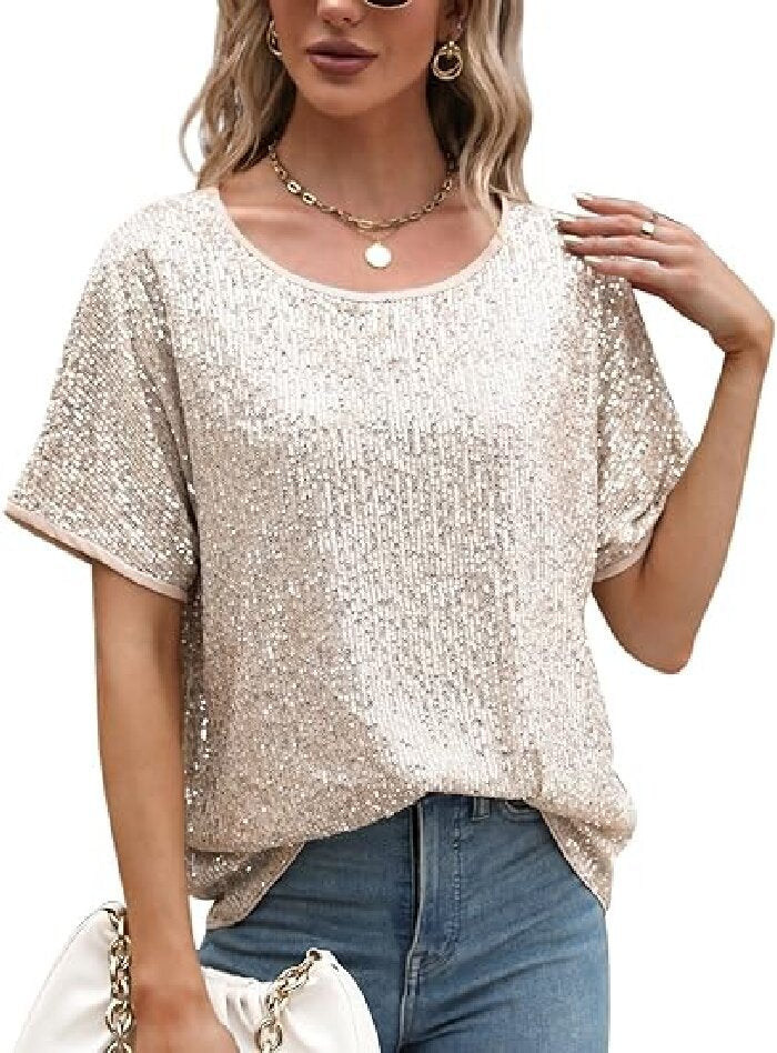 Women Glamorous Sequin Top with Wide Sleeves and Loose Fit Lisslune