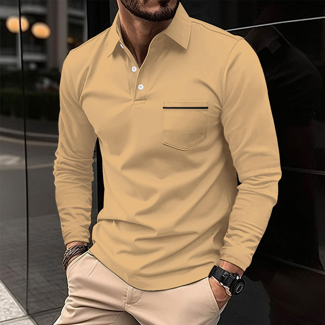 Men's long sleeve polo shirt with fashionable stand-up collar and practical chest pocket Lisslune