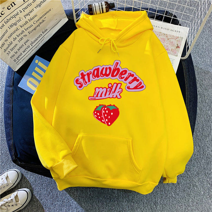 Ladies hooded sweatshirt with cheerful strawberry milk design Lisslune