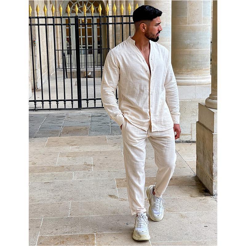 Men's casual linen outfit with button placket and elastic waistband Lisslune