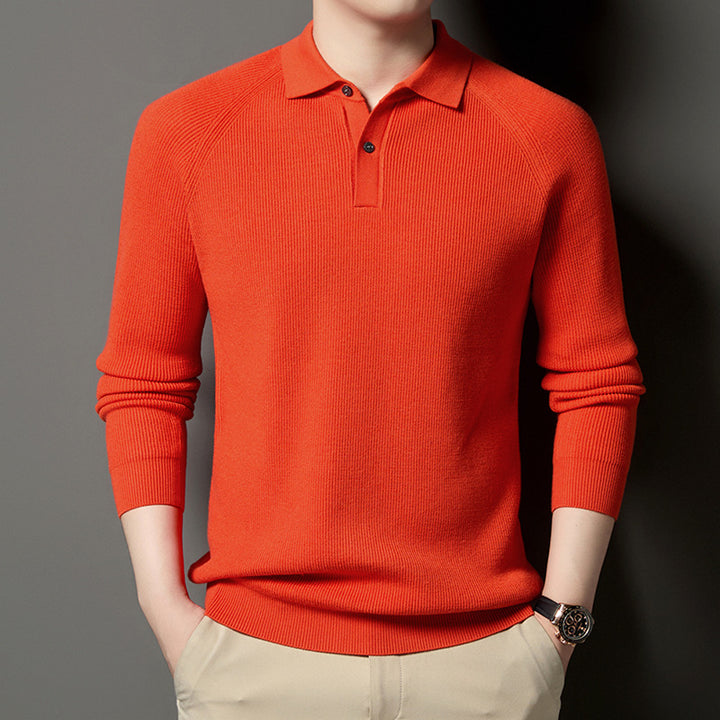 Men's Fine Knit Pullover with Classic Polo Collar and Fashionable Ribbed Structure Lisslune