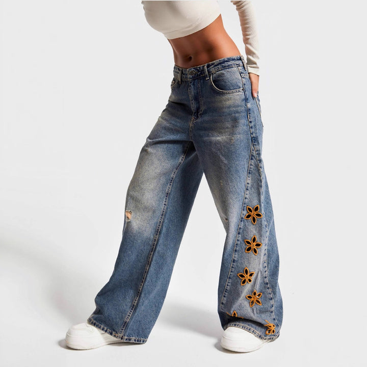 Damen weite Jeans mit floralem Stickdesign Lisslune