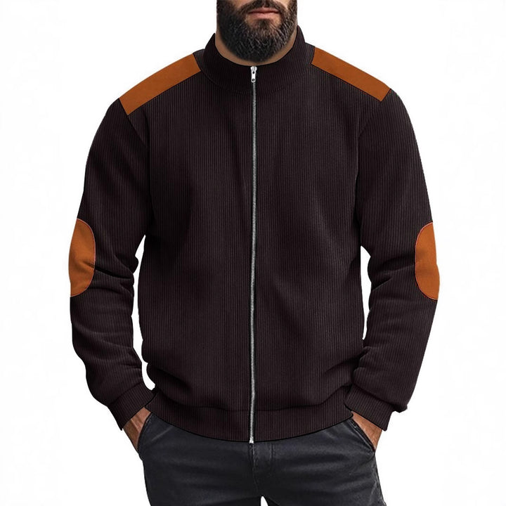 Men's cardigan with modern leather accents and high closed collar Lisslune