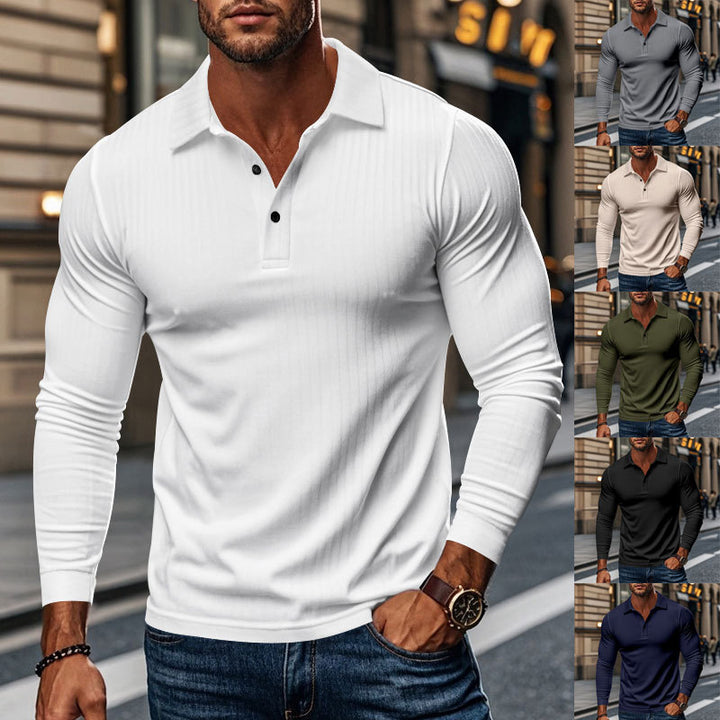 Men's Long Sleeve Polo Shirt with Textured Fabric Lisslune